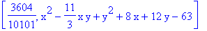 [3604/10101, x^2-11/3*x*y+y^2+8*x+12*y-63]